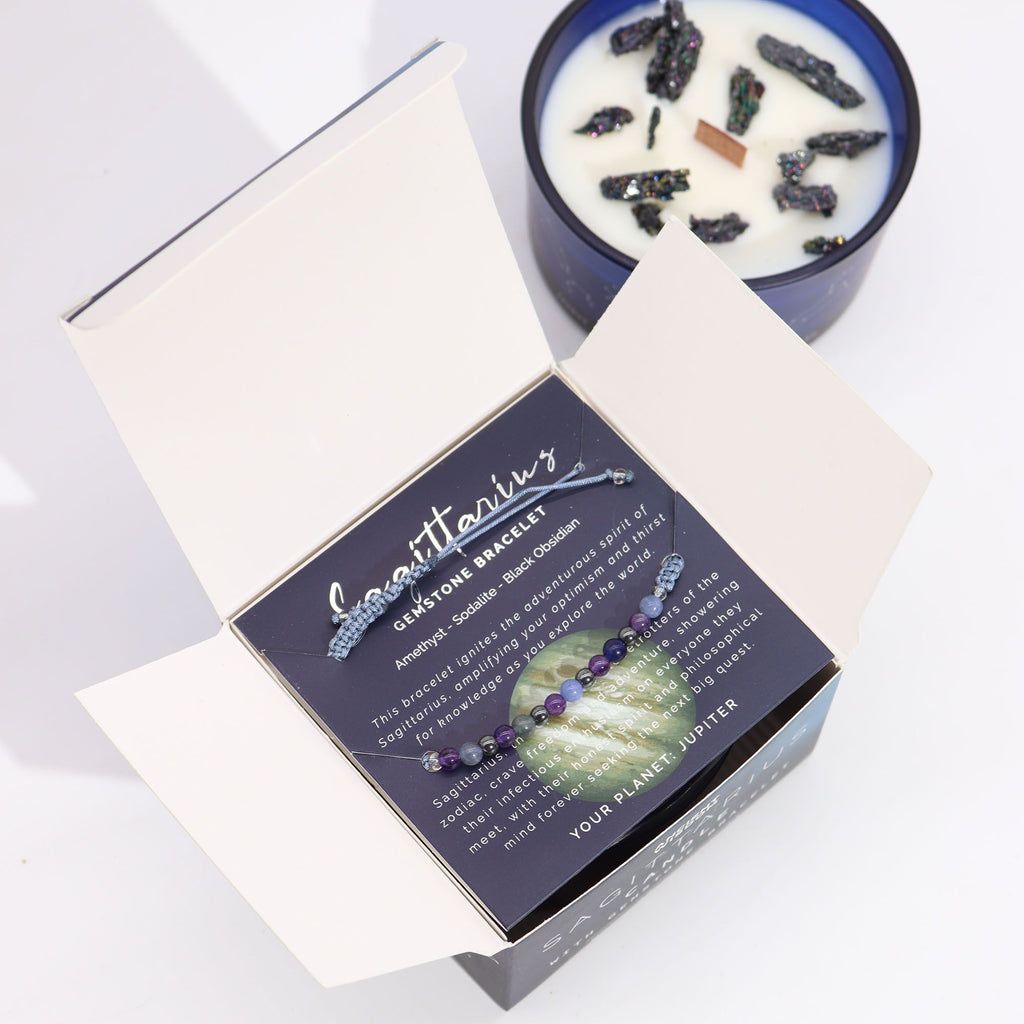 Sagittarius Zodiac Crystal Candle with Amethyst, Sodalite and Black Obsidian Bracelet Giftset
