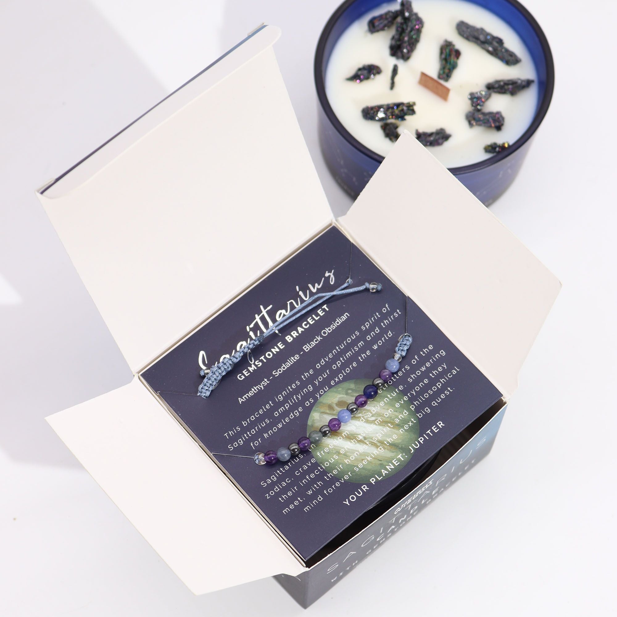 Sagittarius Zodiac Crystal Candle with Amethyst, Sodalite and Black Obsidian Bracelet Giftset