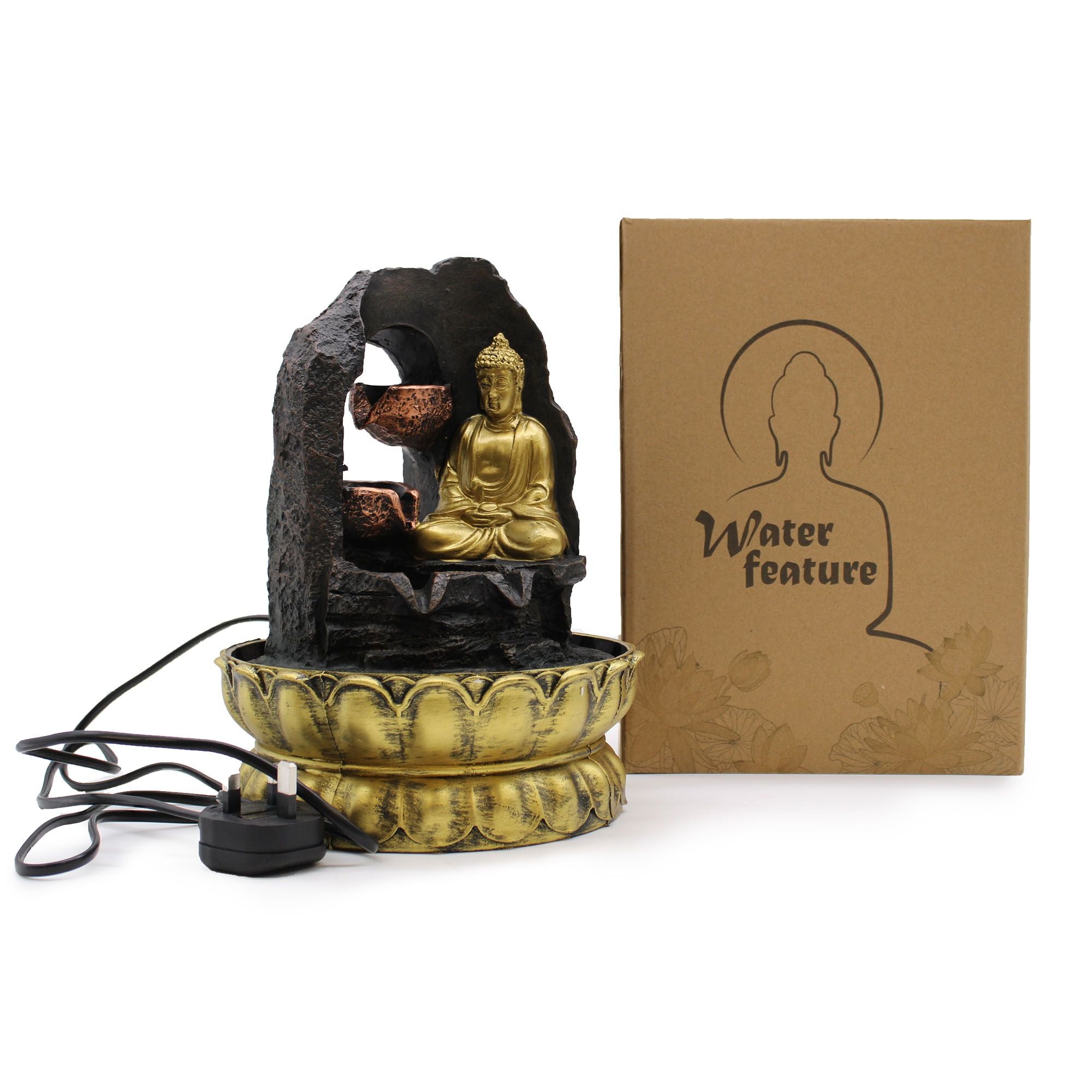 Tabletop Water Feature Golden Meditating Buddha