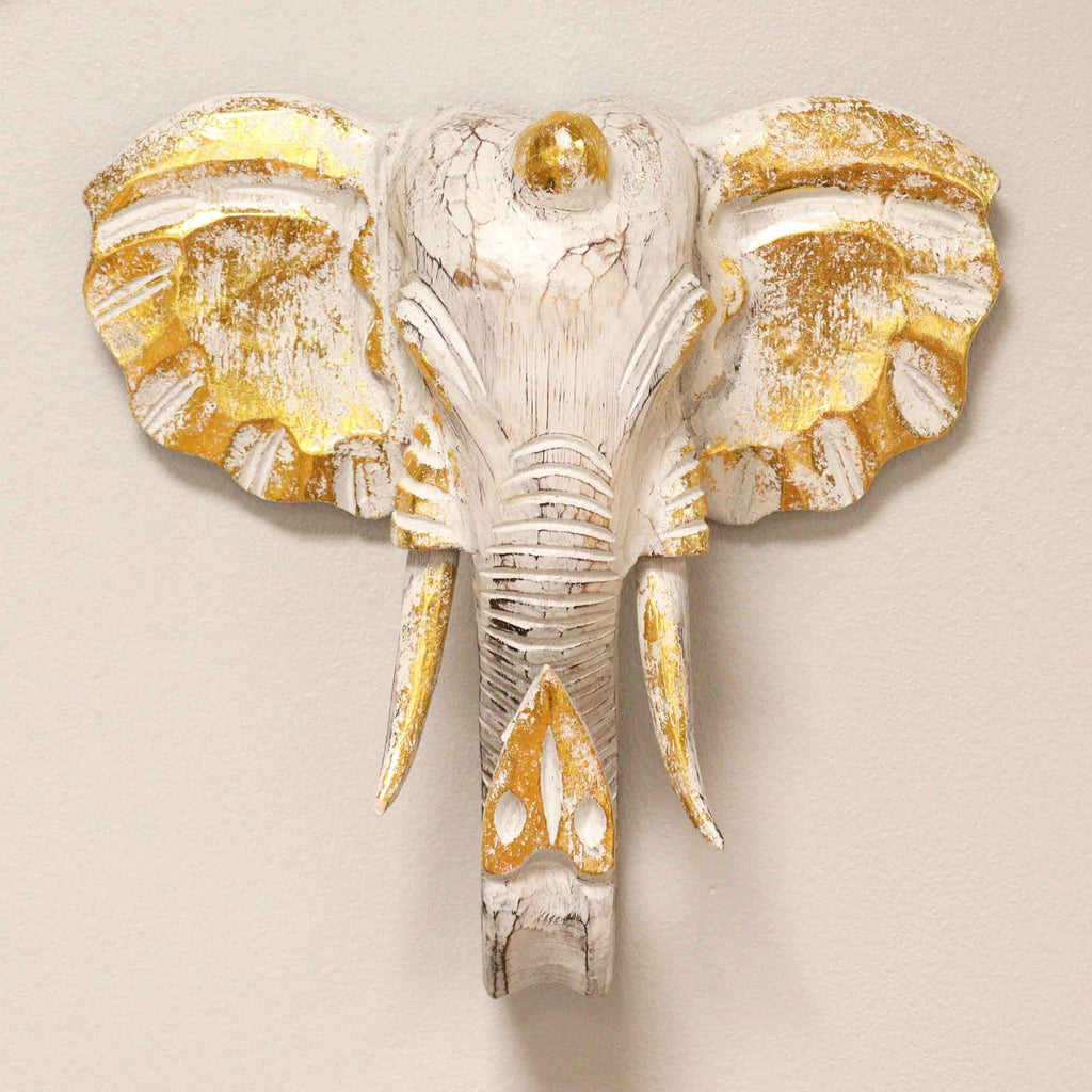 Large Majestic Elephant Head Gold & Whitewash