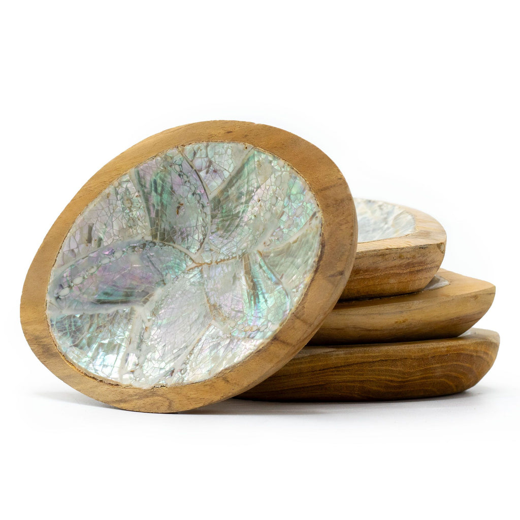 Teak Mini Bowls with Natural Shell Decor assorted Set of 4