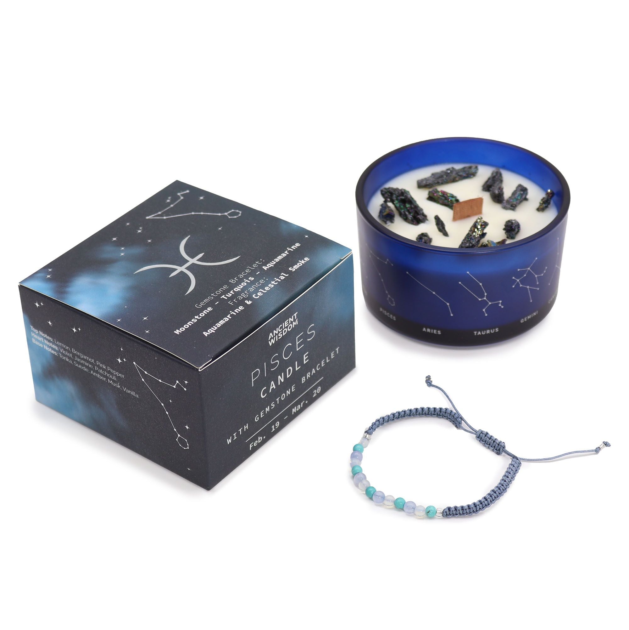 Pisces Zodiac Crystal Candle with Moonstone, Turquoise and Aquamarine Gemstone Bracelet Giftset