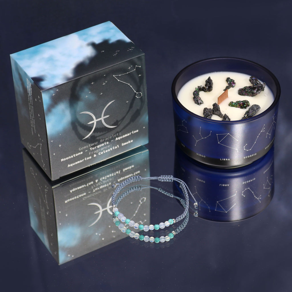 Pisces Zodiac Crystal Candle with Moonstone, Turquoise and Aquamarine Gemstone Bracelet Giftset