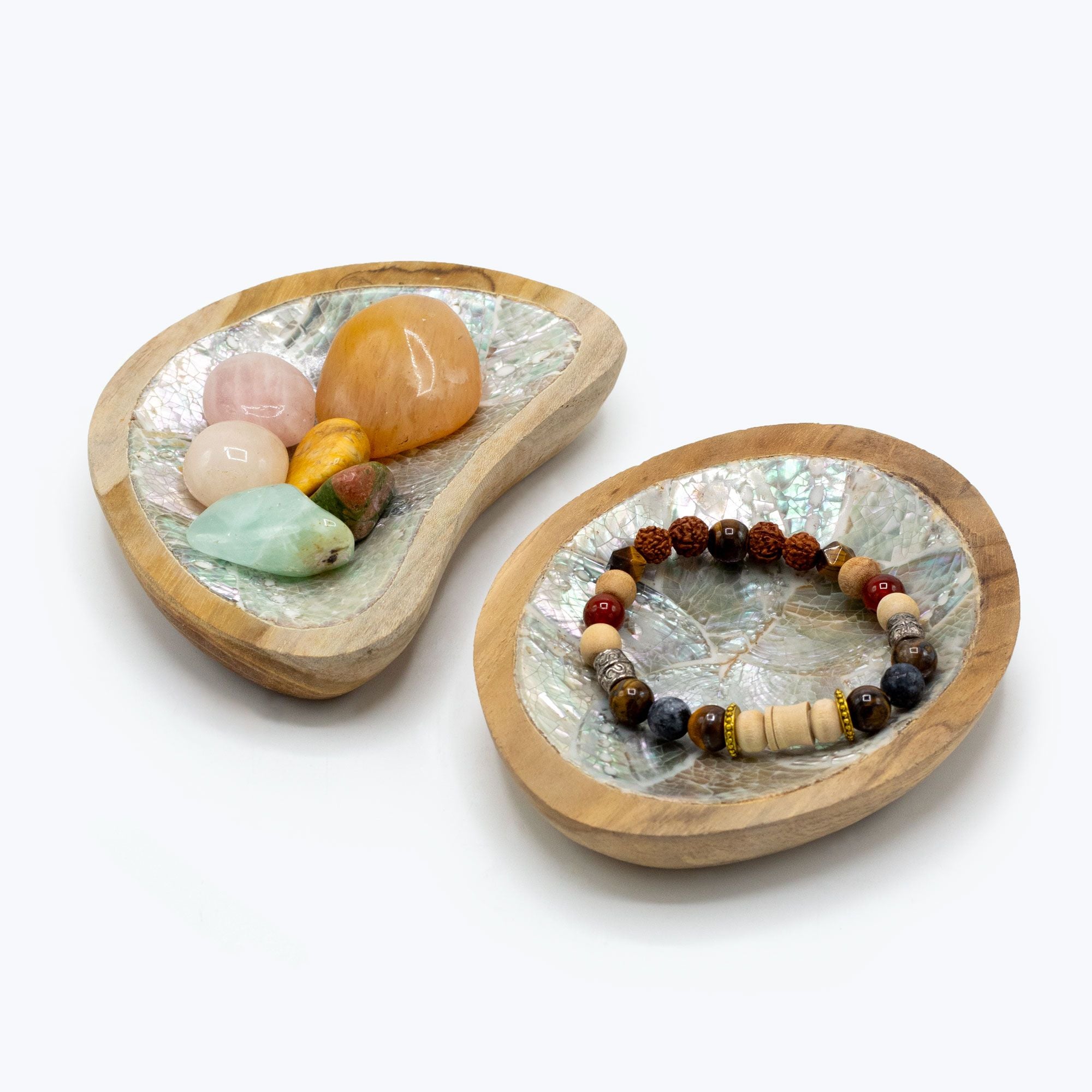 Teak Mini Bowls with Natural Shell Decor assorted Set of 4