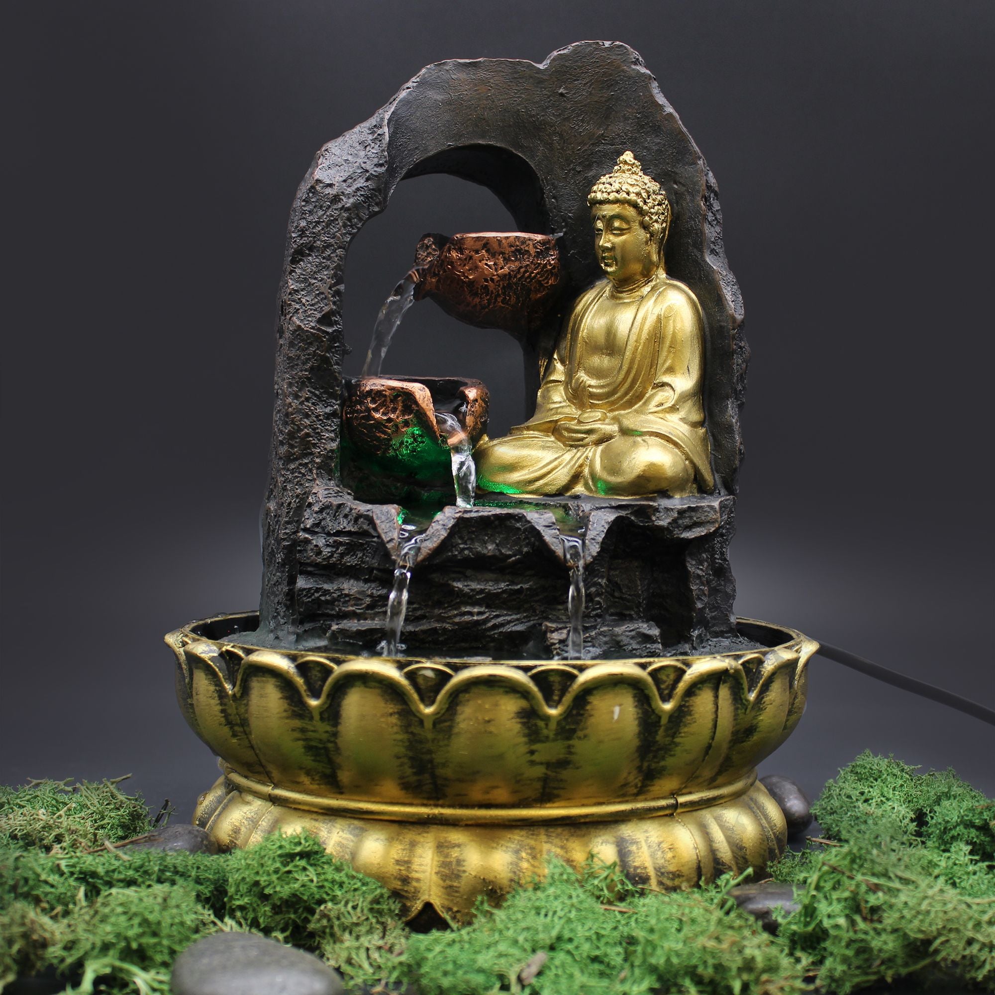 Tabletop Water Feature Golden Meditating Buddha