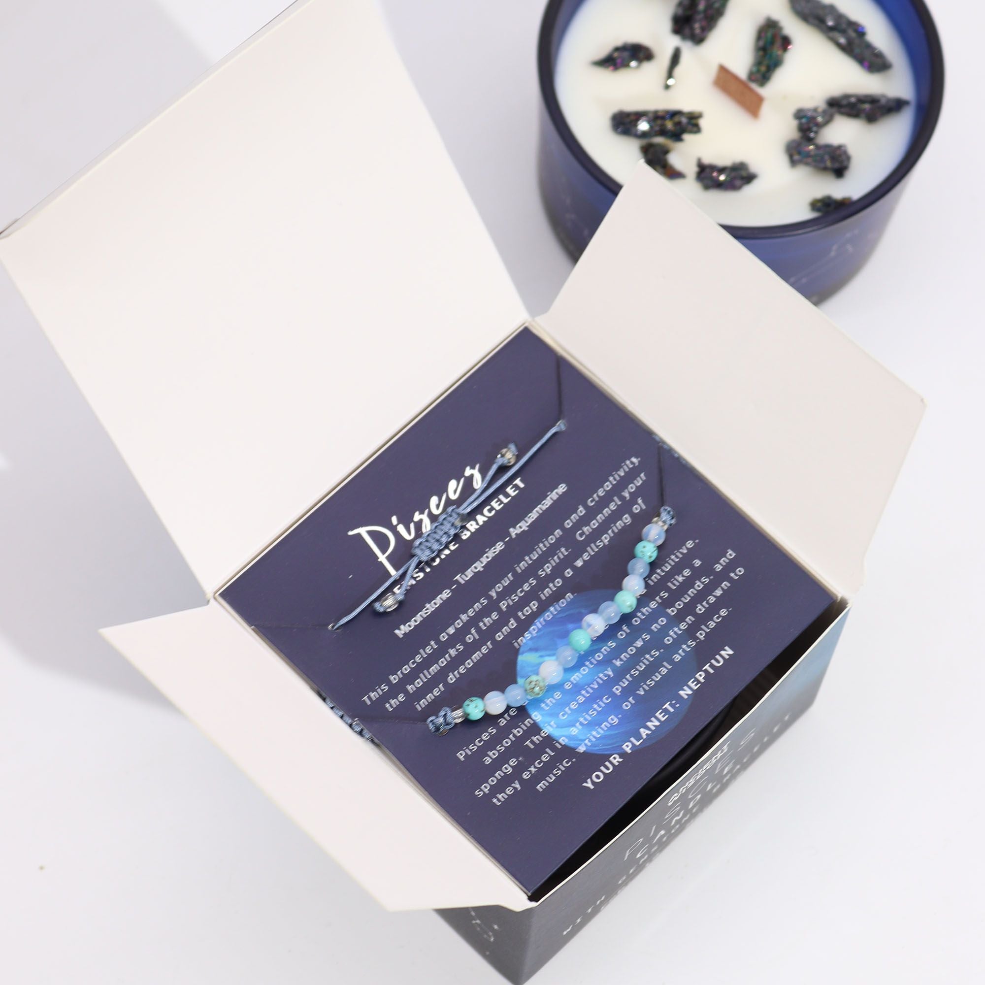 Pisces Zodiac Crystal Candle with Moonstone, Turquoise and Aquamarine Gemstone Bracelet Giftset