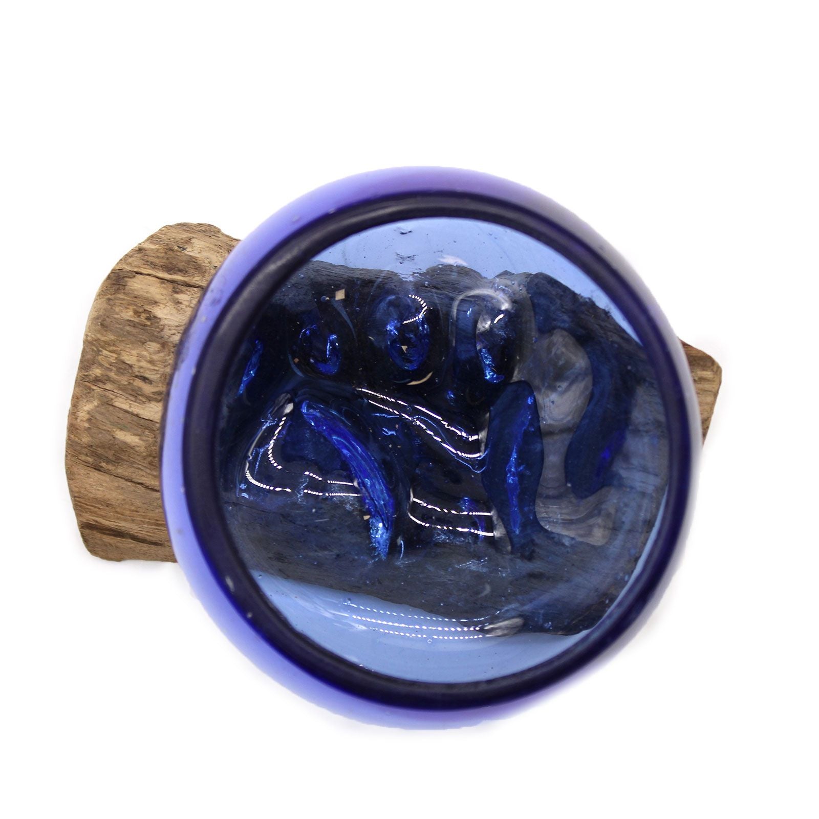 Handmade Molton Glass Mini Blue Bowl on Genuine Gamal Wood