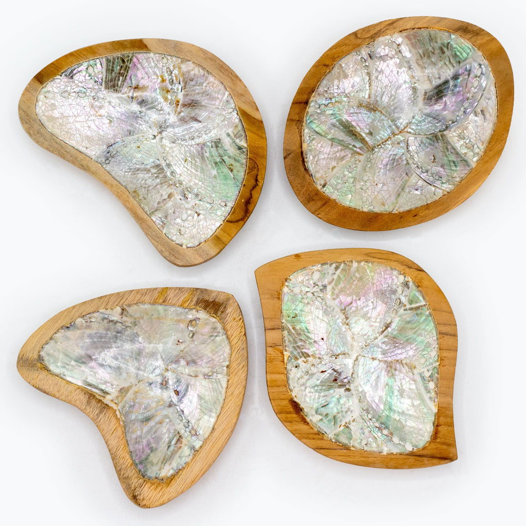 Teak Mini Bowls with Natural Shell Decor assorted Set of 4