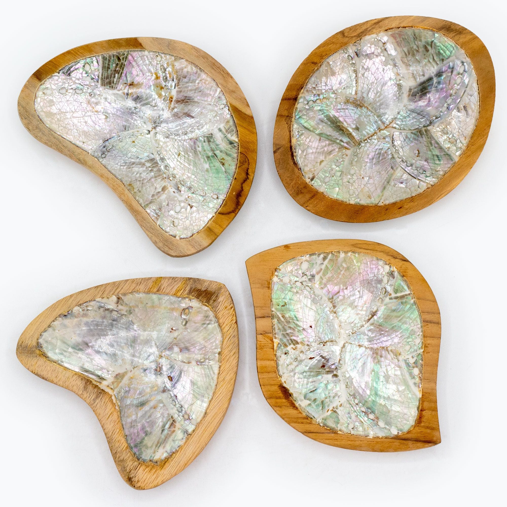 Teak Mini Bowls with Natural Shell Decor assorted Set of 4