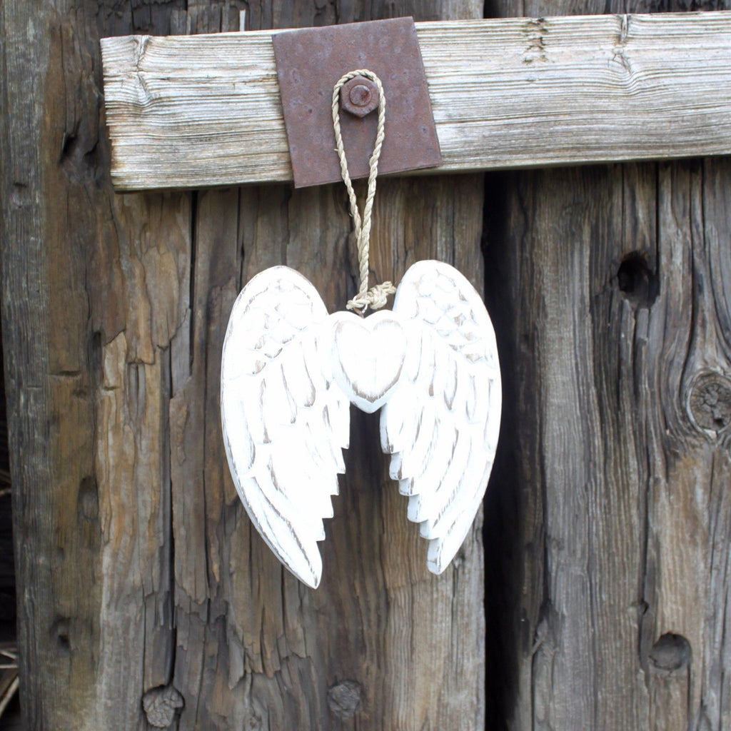 Hand-Carved Vintage Distressed Angel Wings in White-Washed Wood, Unique Wall or Shelf Decoration, Customizable Blackboard Back
