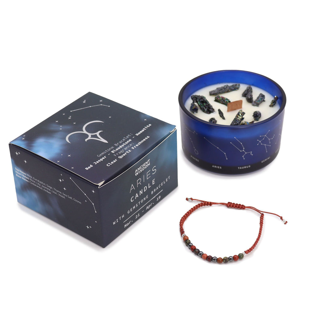 Aries Crystal Candle with Red Jasper, Bloodstone and Hematite Bracelet Giftset