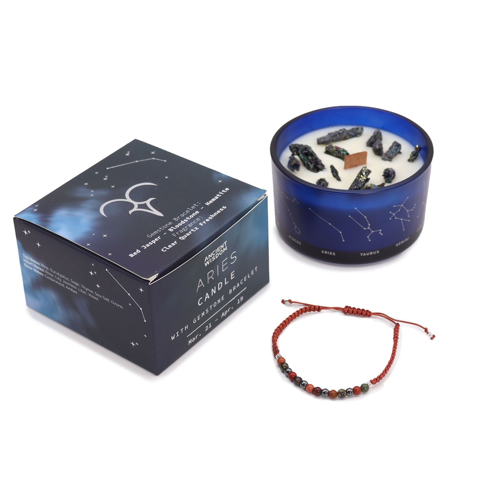 Aries Crystal Candle with Red Jasper, Bloodstone and Hematite Bracelet Giftset