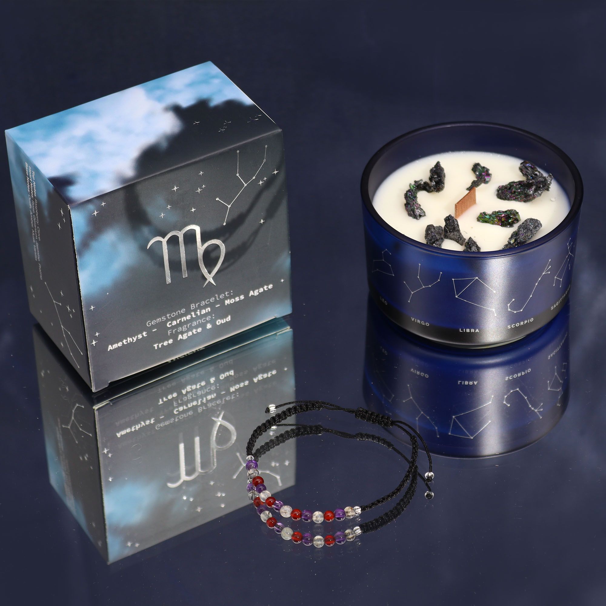 Virgo Zodiac Crystal Candle with Amethyst, Carnelian and Moss Agate Gemstone Bracelet Giftset