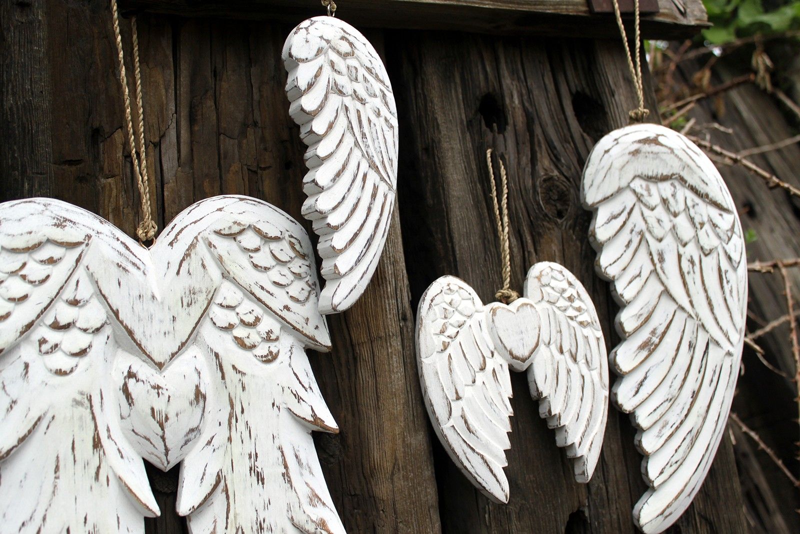 Vintage distressed white-washed angel wings hand-carved from sustainable wood for wall or shelf decor, personalized chalkboard back