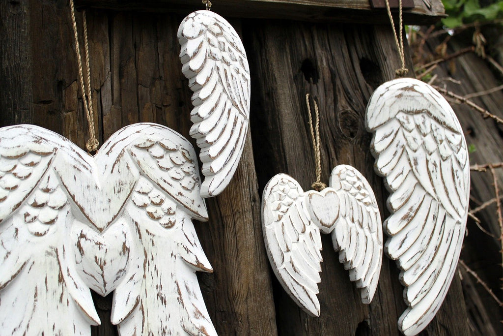 Hand-Carved Vintage Distressed Angel Wings and Heart Decoration, White-Washed Rustic Wall or Shelf Art