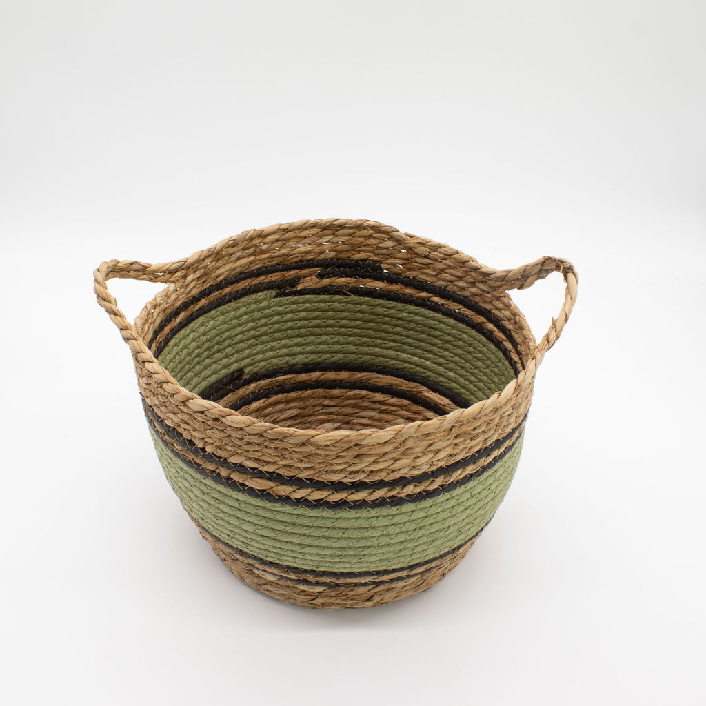 Set of 3 Cotton & Seagrass Large Baskets Natural Black & Green