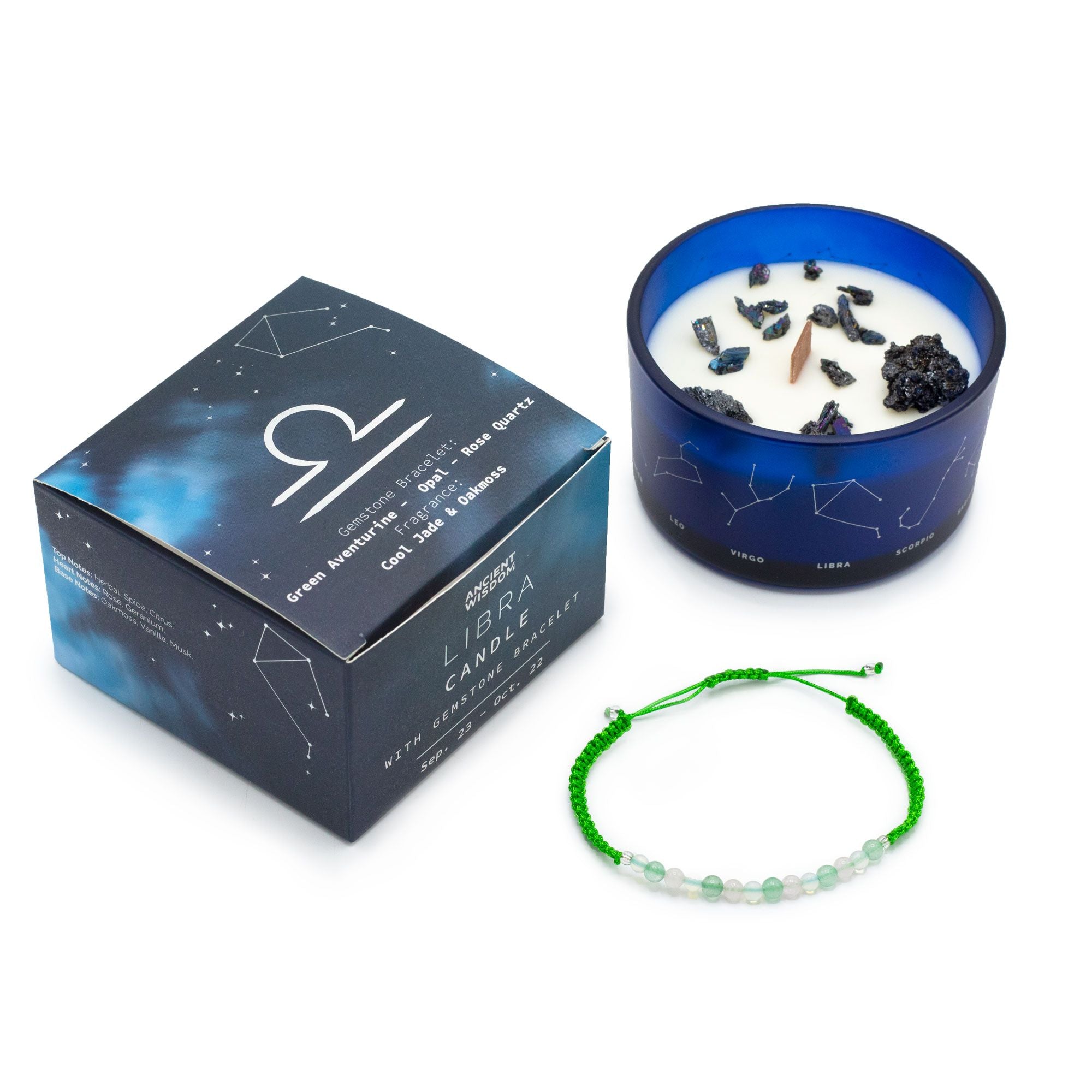Libra Zodiac Crystal Candle with Green Aventurine, Opal, and Rose quartz Bracelet Giftset
