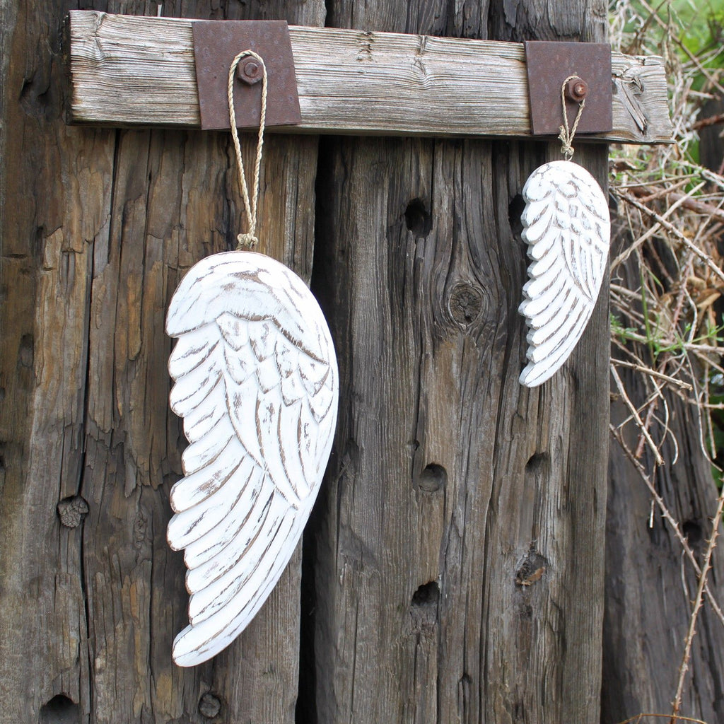Vintage distressed white-washed angel wings hand-carved from sustainable wood for wall or shelf decor, personalized chalkboard back