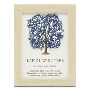 Decorative Tree of Life Wall Art with Genuine Lapis Lazuli Gemstone Chips, Wooden Frame, Boho Accent