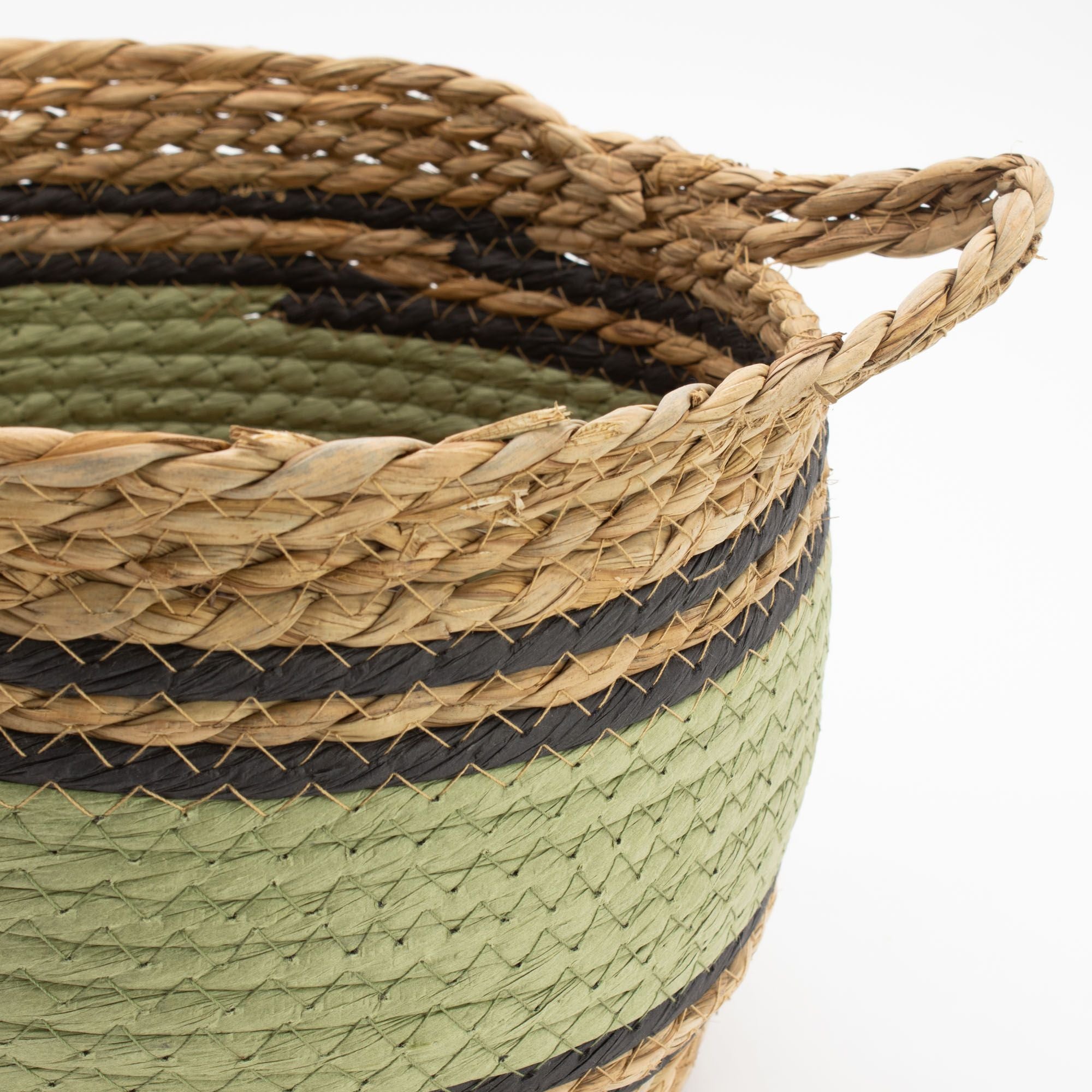 Set of 3 Cotton & Seagrass Large Baskets Natural Black & Green
