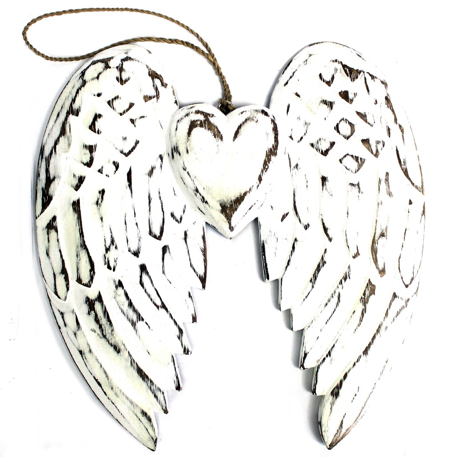 Hand-Carved Vintage Distressed Angel Wings and Heart Decoration, White-Washed Rustic Wall or Shelf Art