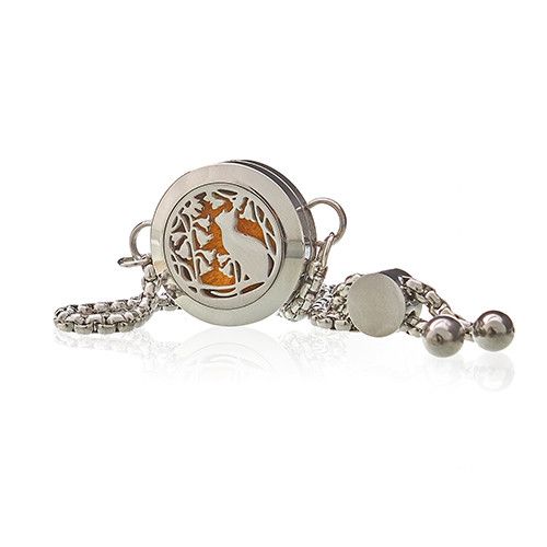 Locket Chain Bracelet Stainless Steel Aromatherapy Diffuser Cat & Flowers 20mm