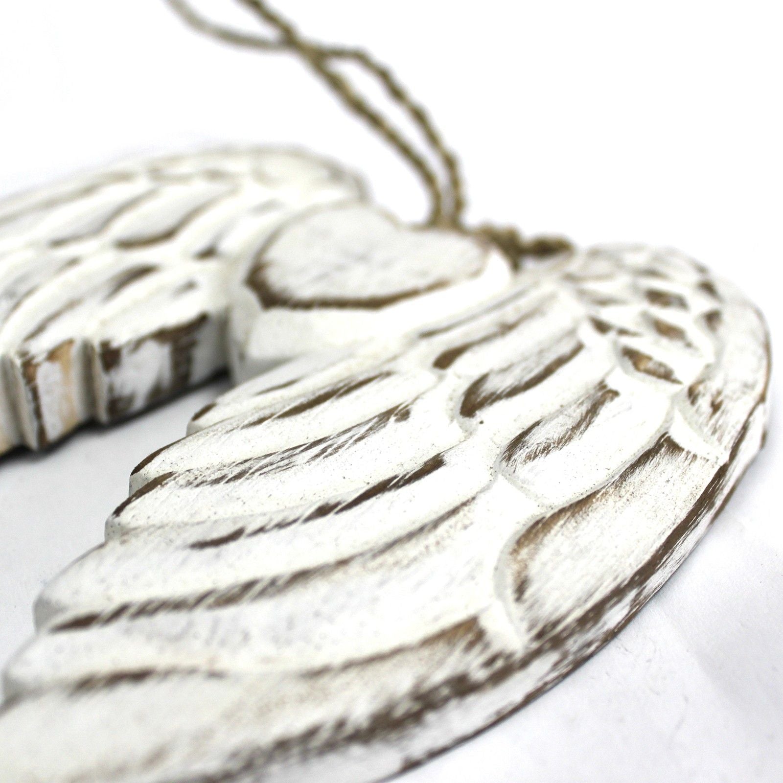 Hand-Carved Vintage Distressed Angel Wings and Heart Decoration, White-Washed Rustic Wall or Shelf Art