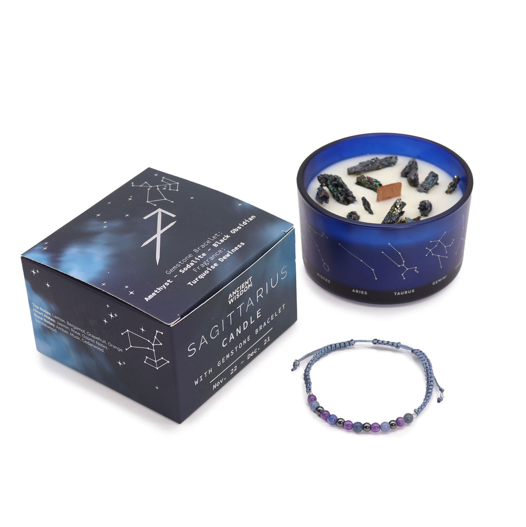 Sagittarius Zodiac Crystal Candle with Amethyst, Sodalite and Black Obsidian Bracelet Giftset