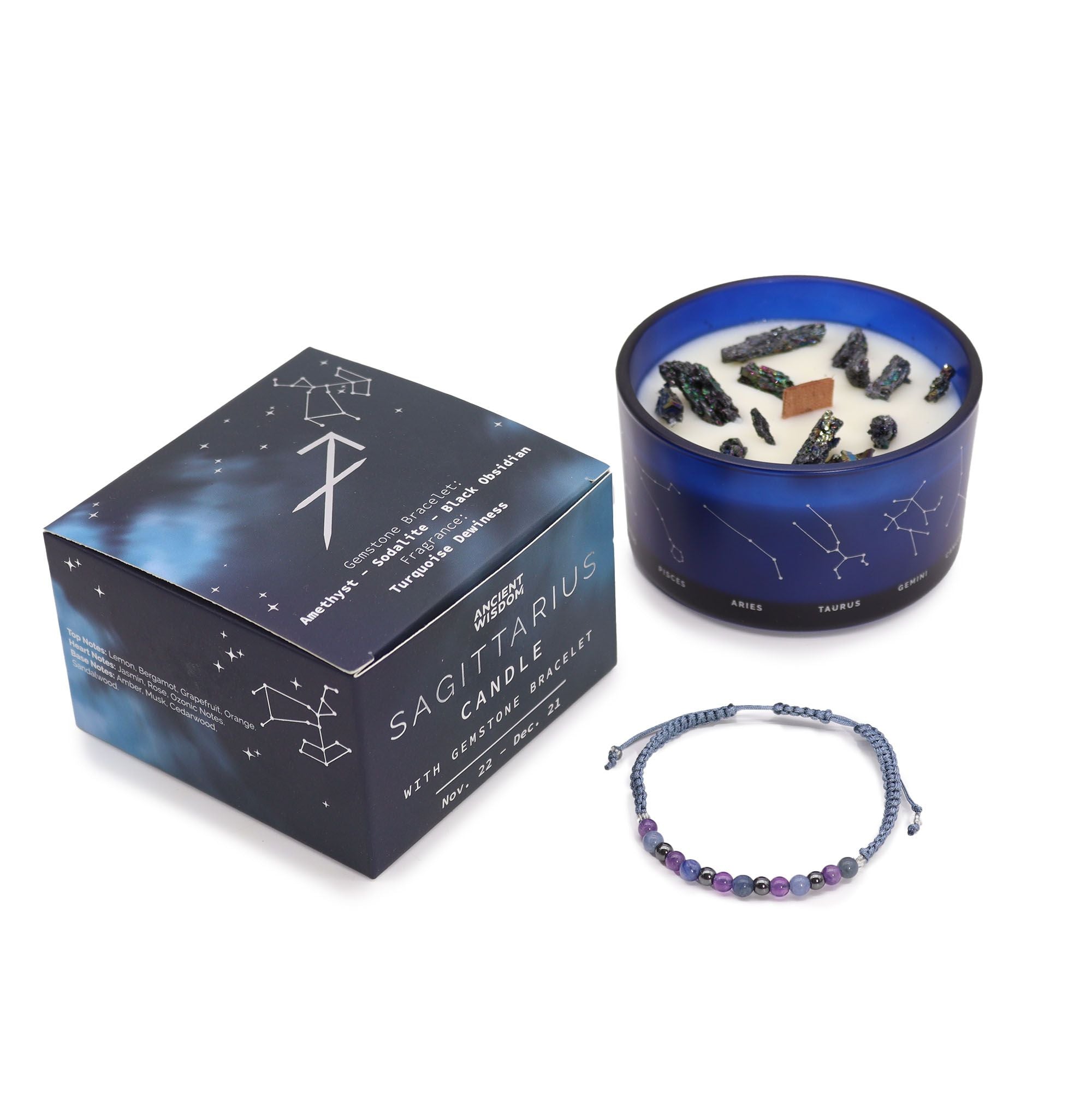 Sagittarius Zodiac Crystal Candle with Amethyst, Sodalite and Black Obsidian Bracelet Giftset
