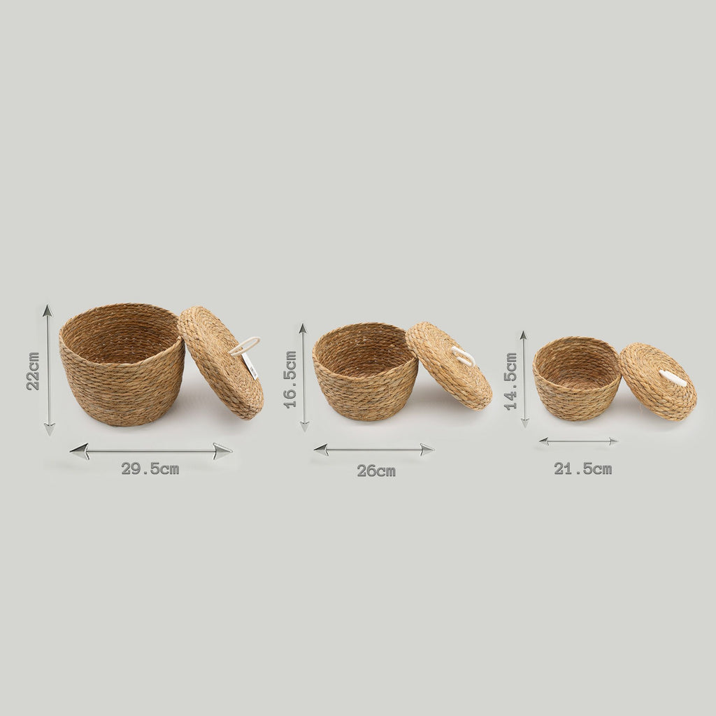 Set of 3 Natural Seagrass & Cotton Round Baskets with Lids