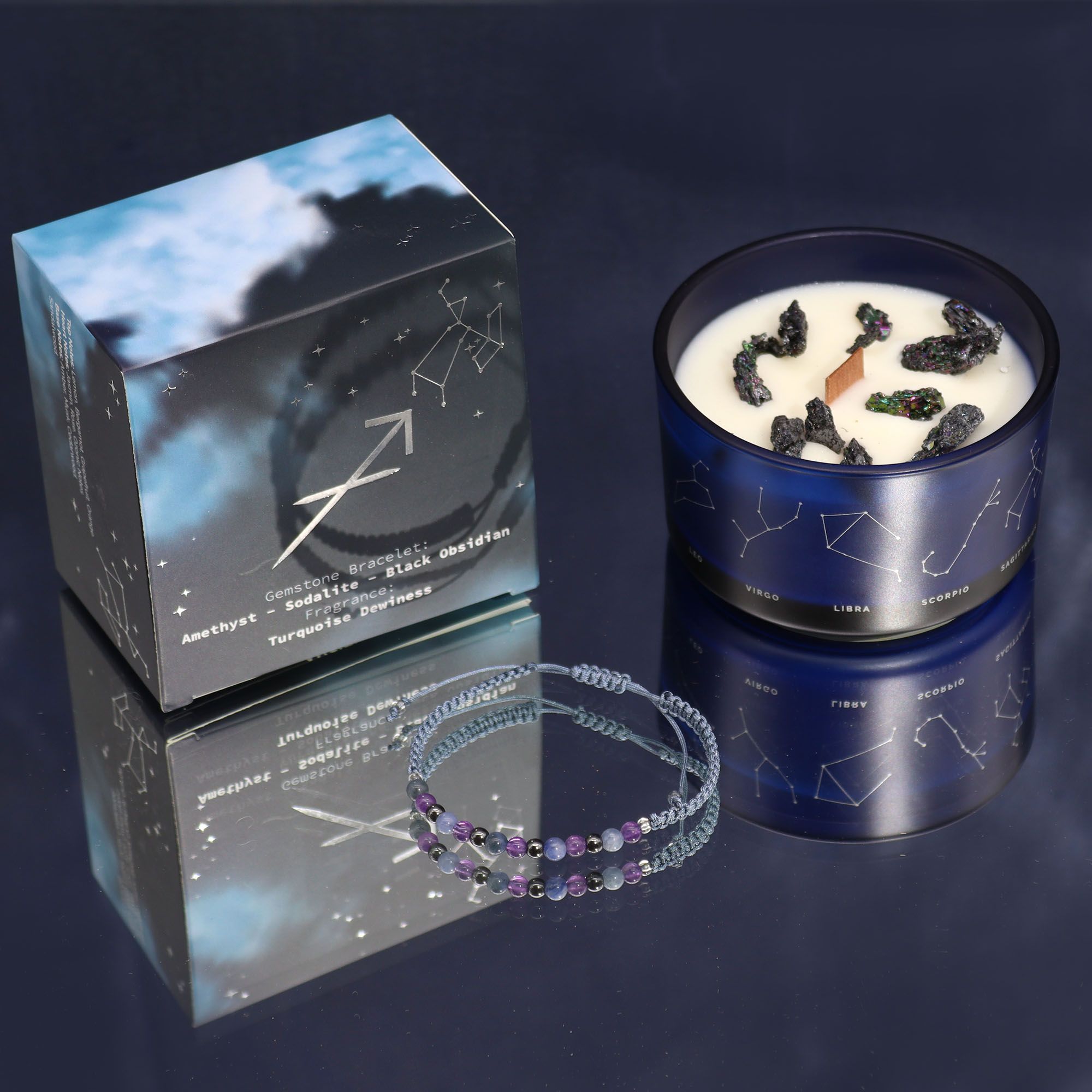 Sagittarius Zodiac Crystal Candle with Amethyst, Sodalite and Black Obsidian Bracelet Giftset
