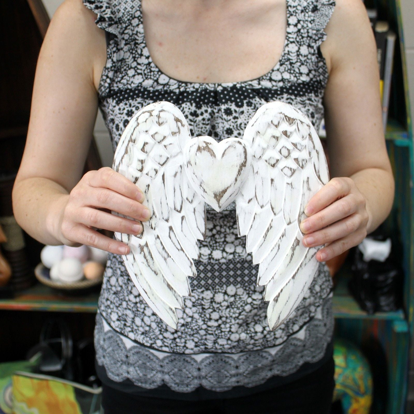 Hand-Carved Vintage Distressed Angel Wings and Heart Decoration, White-Washed Rustic Wall or Shelf Art