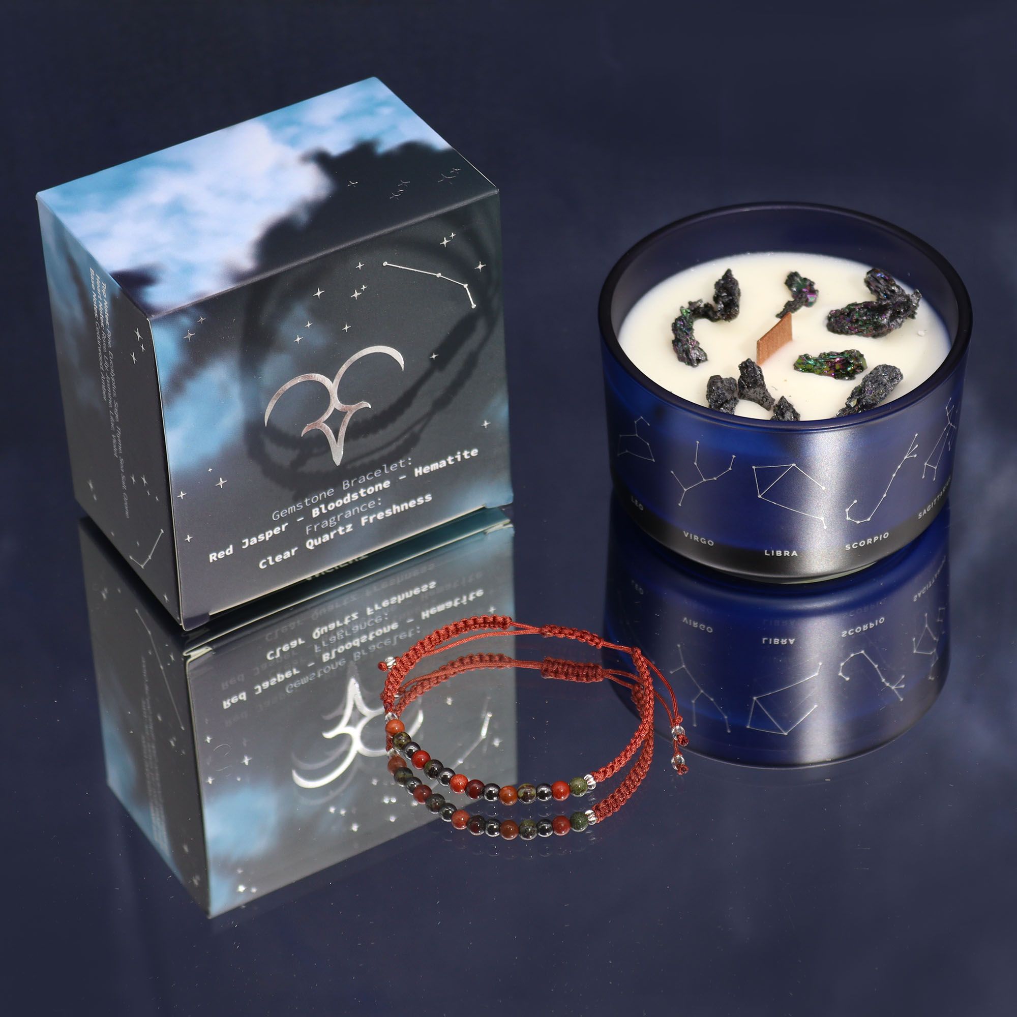 Aries Crystal Candle with Red Jasper, Bloodstone and Hematite Bracelet Giftset