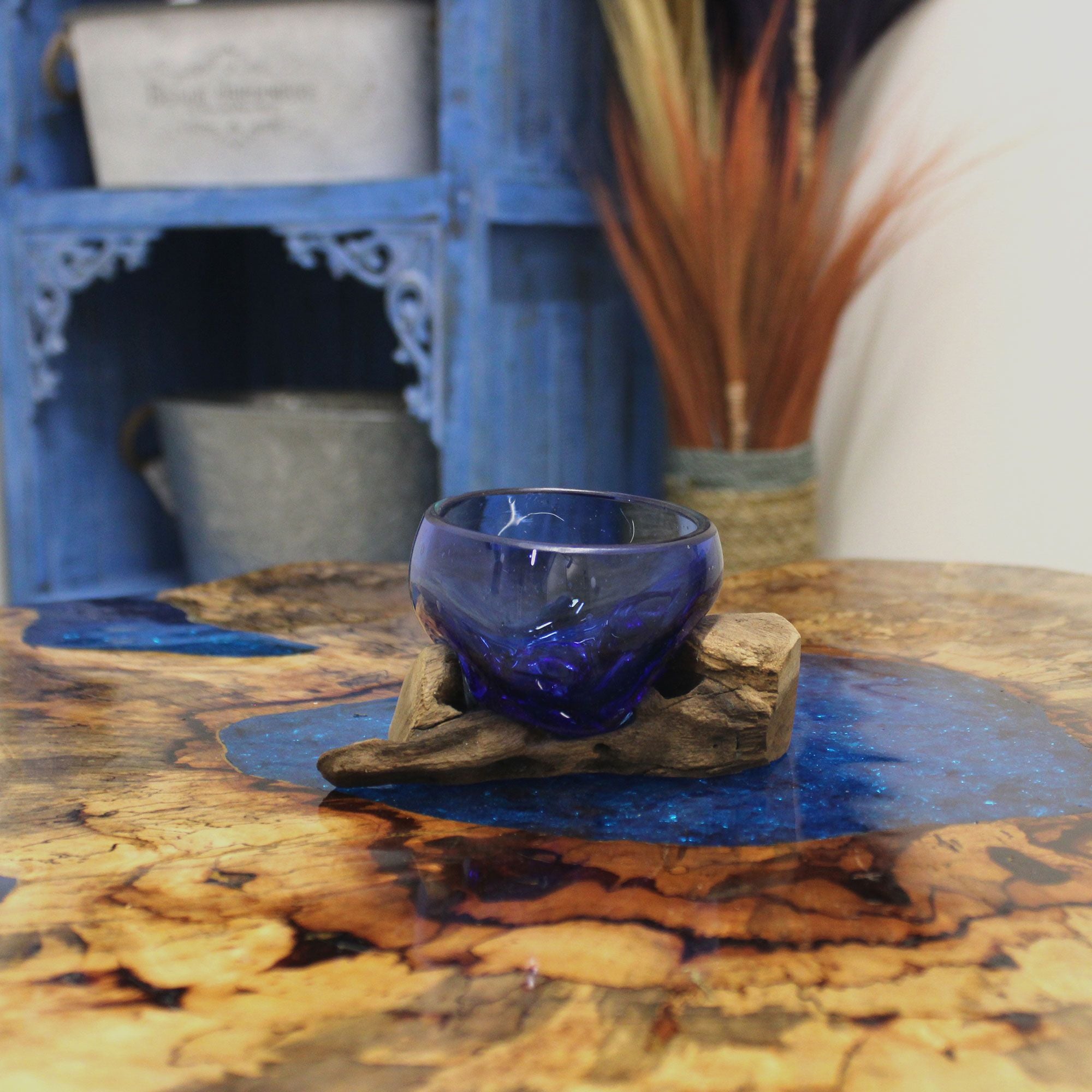 Handmade Molton Glass Mini Blue Bowl on Genuine Gamal Wood