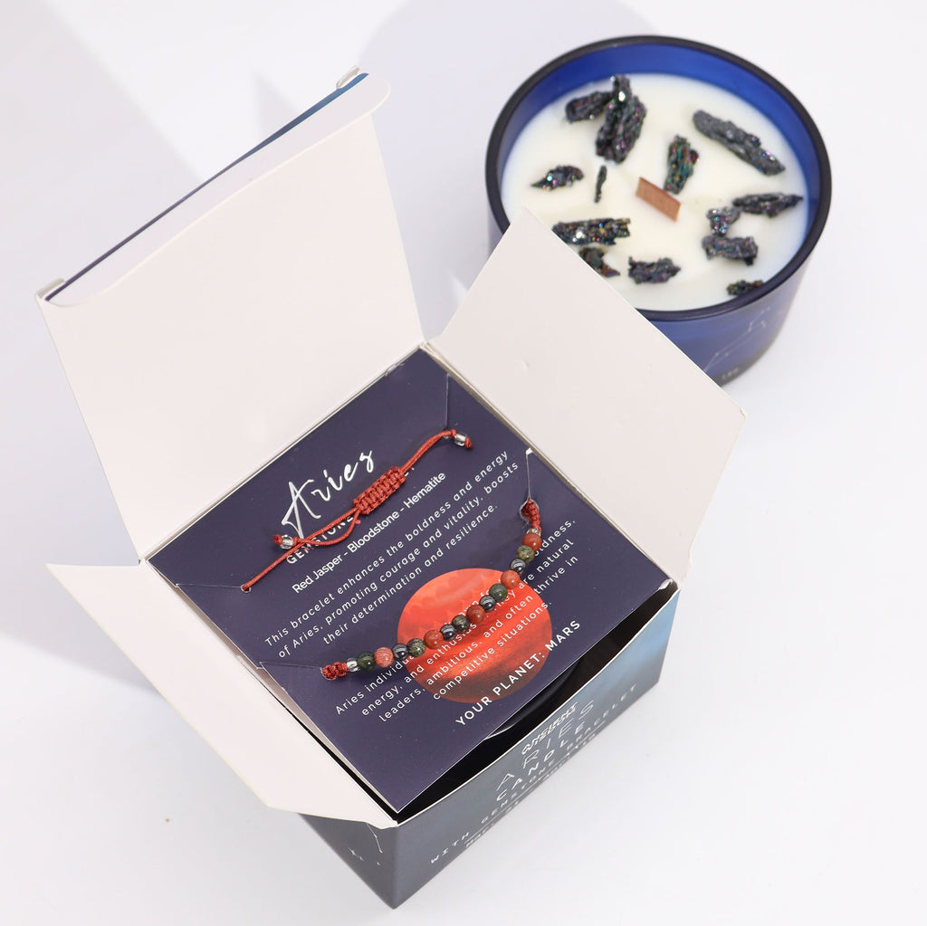 Aries Crystal Candle with Red Jasper, Bloodstone and Hematite Bracelet Giftset
