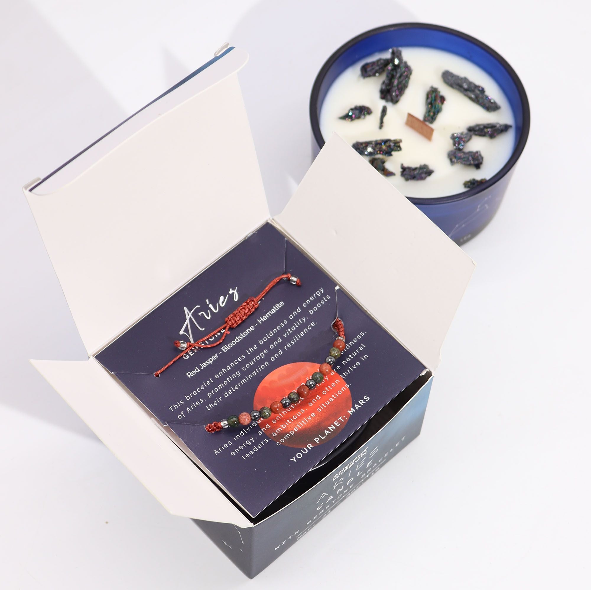Aries Crystal Candle with Red Jasper, Bloodstone and Hematite Bracelet Giftset