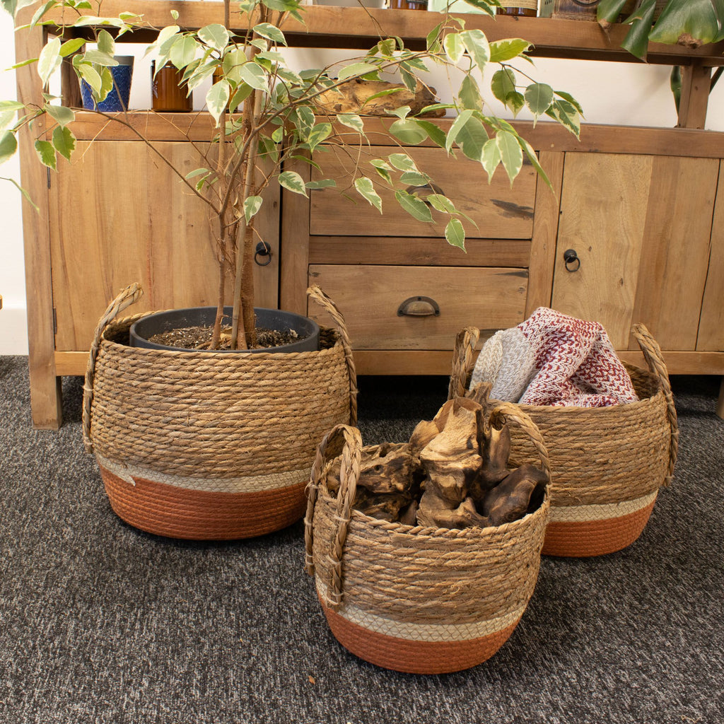 Set of 3 Straw & Seagrass Large Baskets Natural & Orange