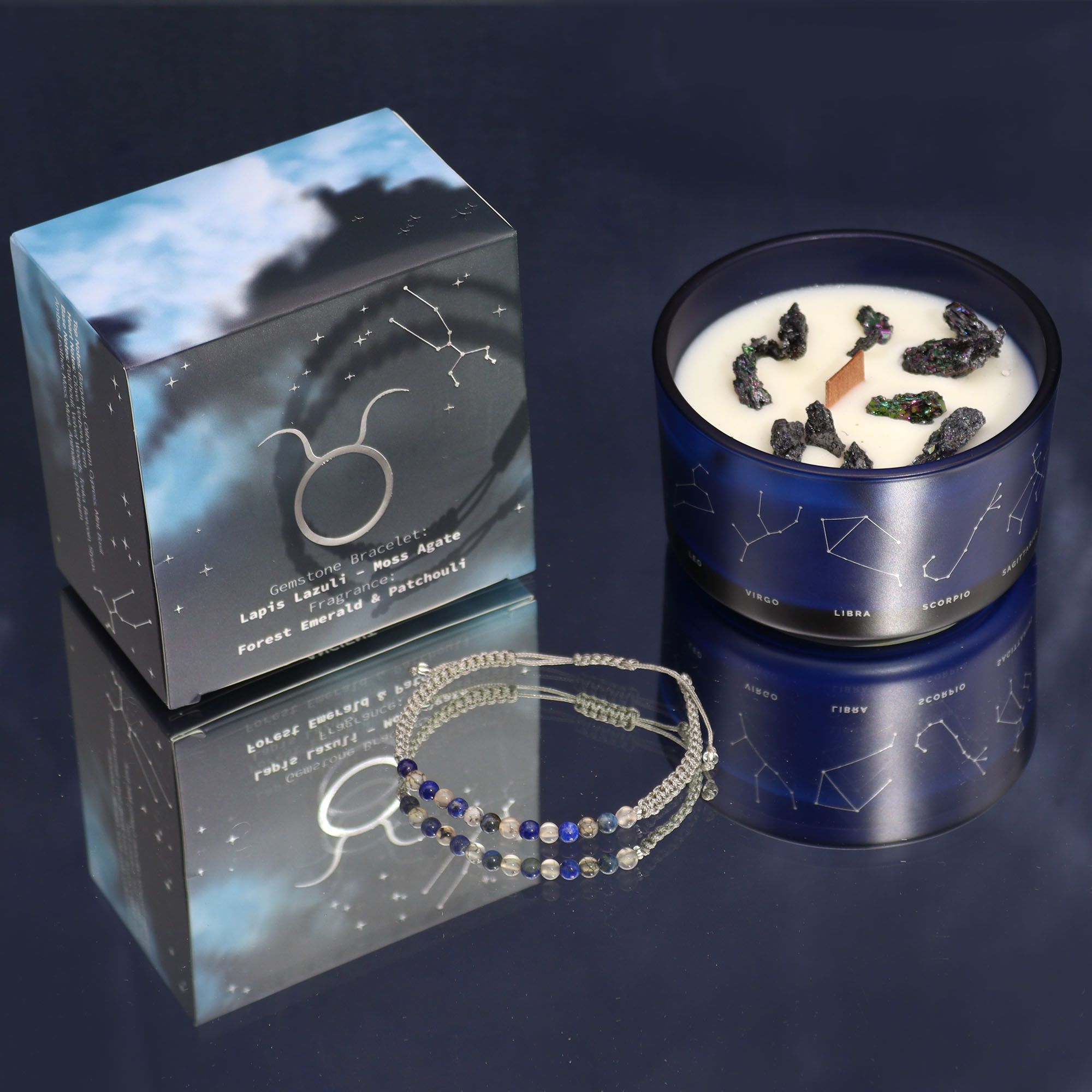 Taurus Zodiac Crystal Candle with Lapis Lazuli and Moss Agate Gemstone Bracelet Giftset