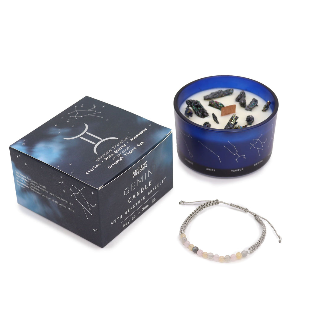 Gemini Zodiac Crystal Candle with Citrine, Rose Quartz, and Moonstone Gemstone Bracelet Giftset