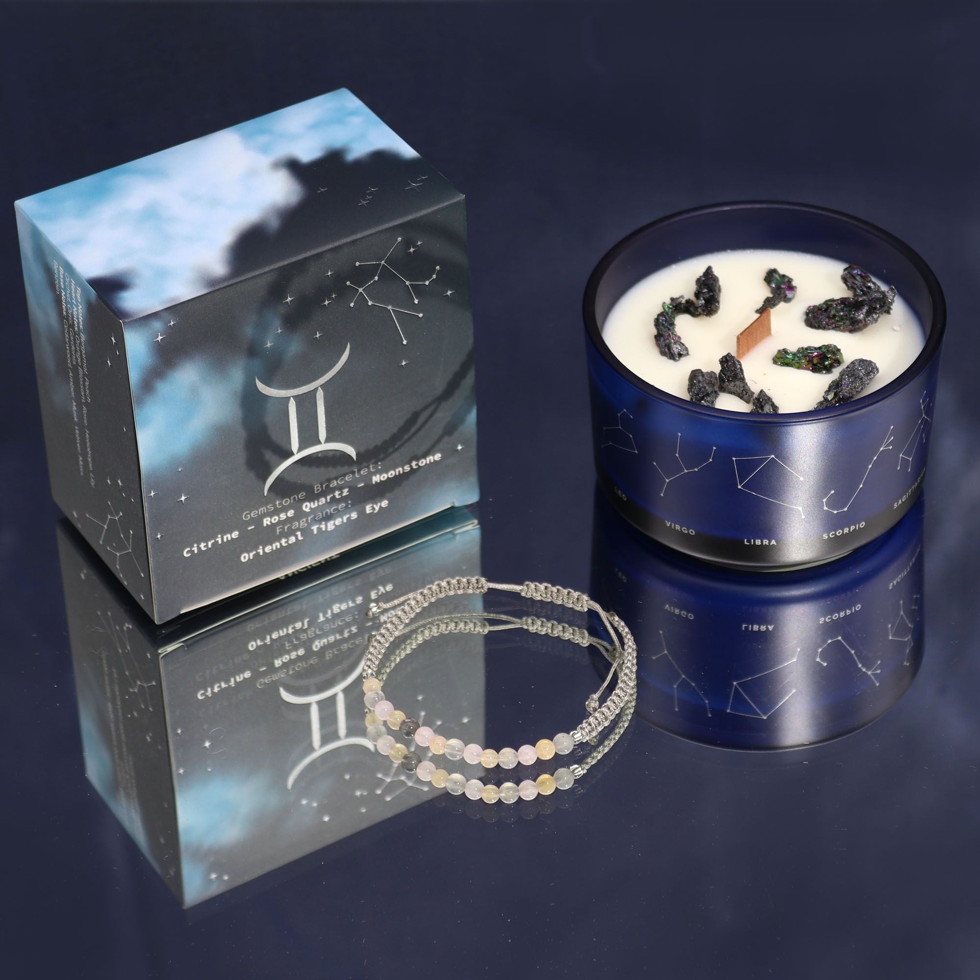 Gemini Zodiac Crystal Candle with Citrine, Rose Quartz, and Moonstone Gemstone Bracelet Giftset