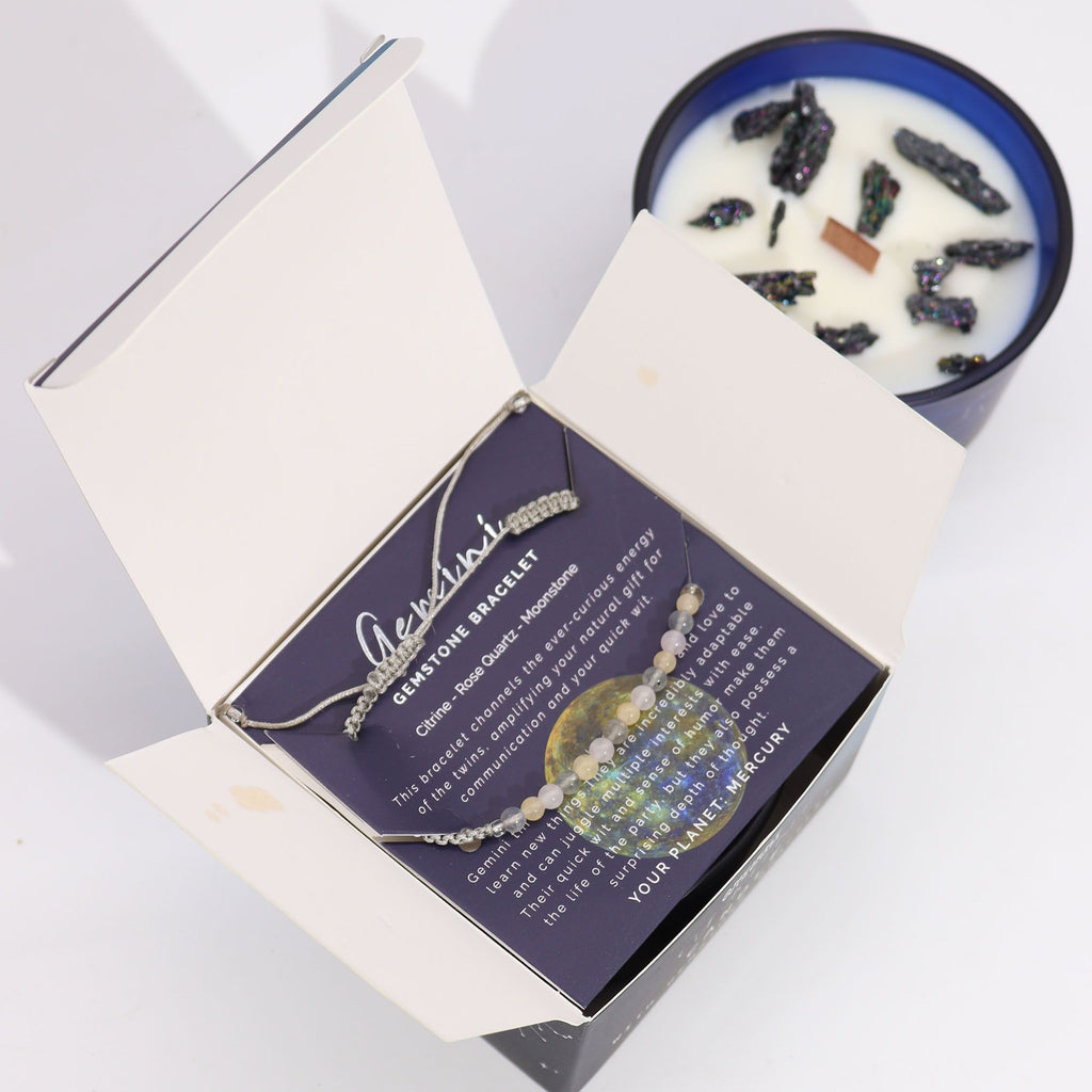 Gemini Zodiac Crystal Candle with Citrine, Rose Quartz, and Moonstone Gemstone Bracelet Giftset