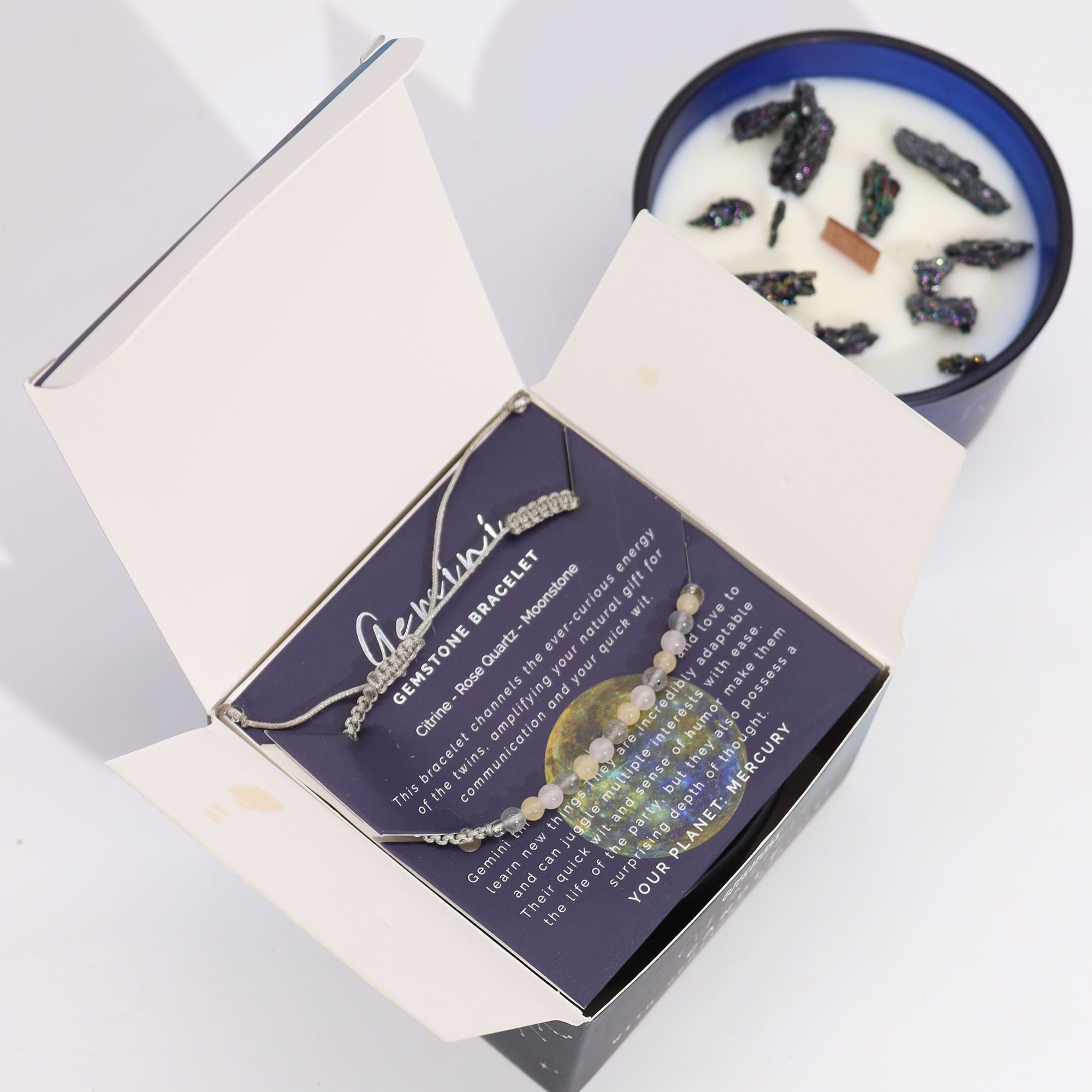 Gemini Zodiac Crystal Candle with Citrine, Rose Quartz, and Moonstone Gemstone Bracelet Giftset