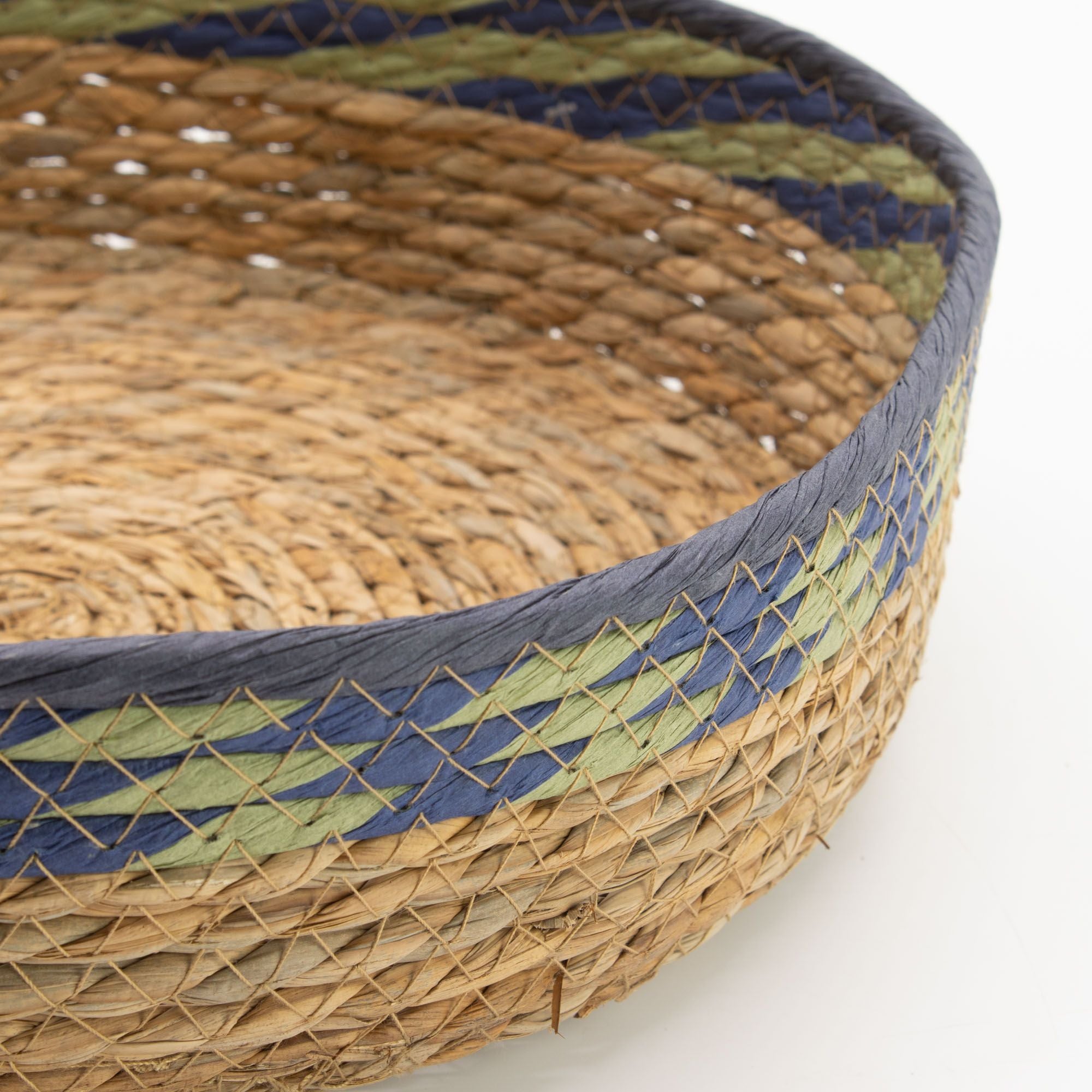 Set of 3 Straw & Seagrass Tray Baskets Natural Green & Blue