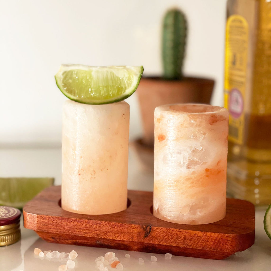 Himalayan Salt Shot Glasses & Wood Serving Stand Set of 2