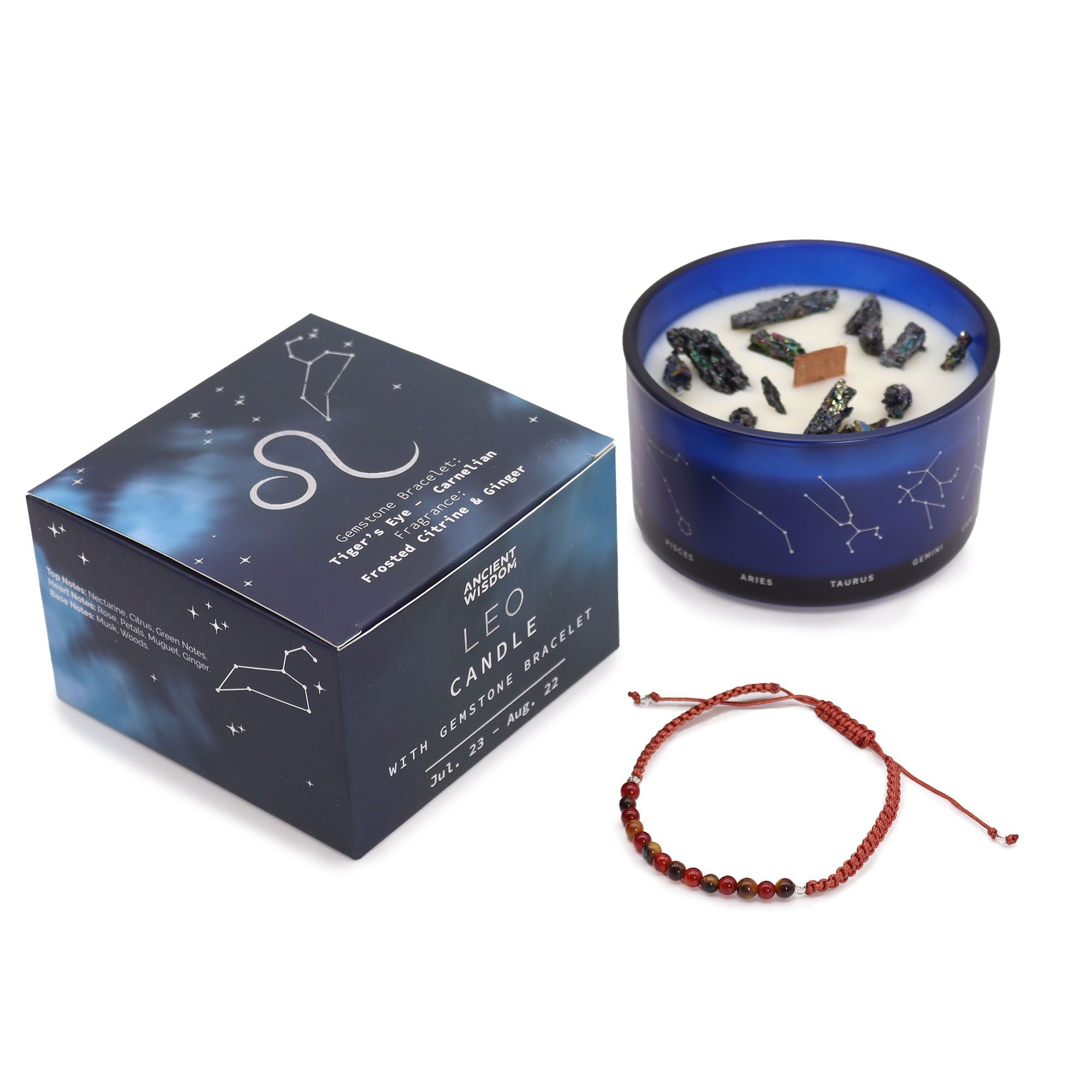 Leo Zodiac Crystal Candle with Tiger's Eye and Carnelian Gemstone Bracelet Giftset