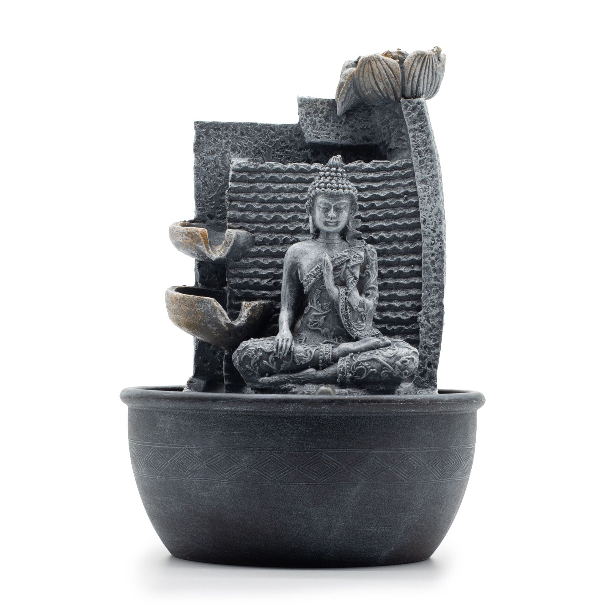 Tabletop Water Feature Buddha, Lotus Flower Cascading Potsx
