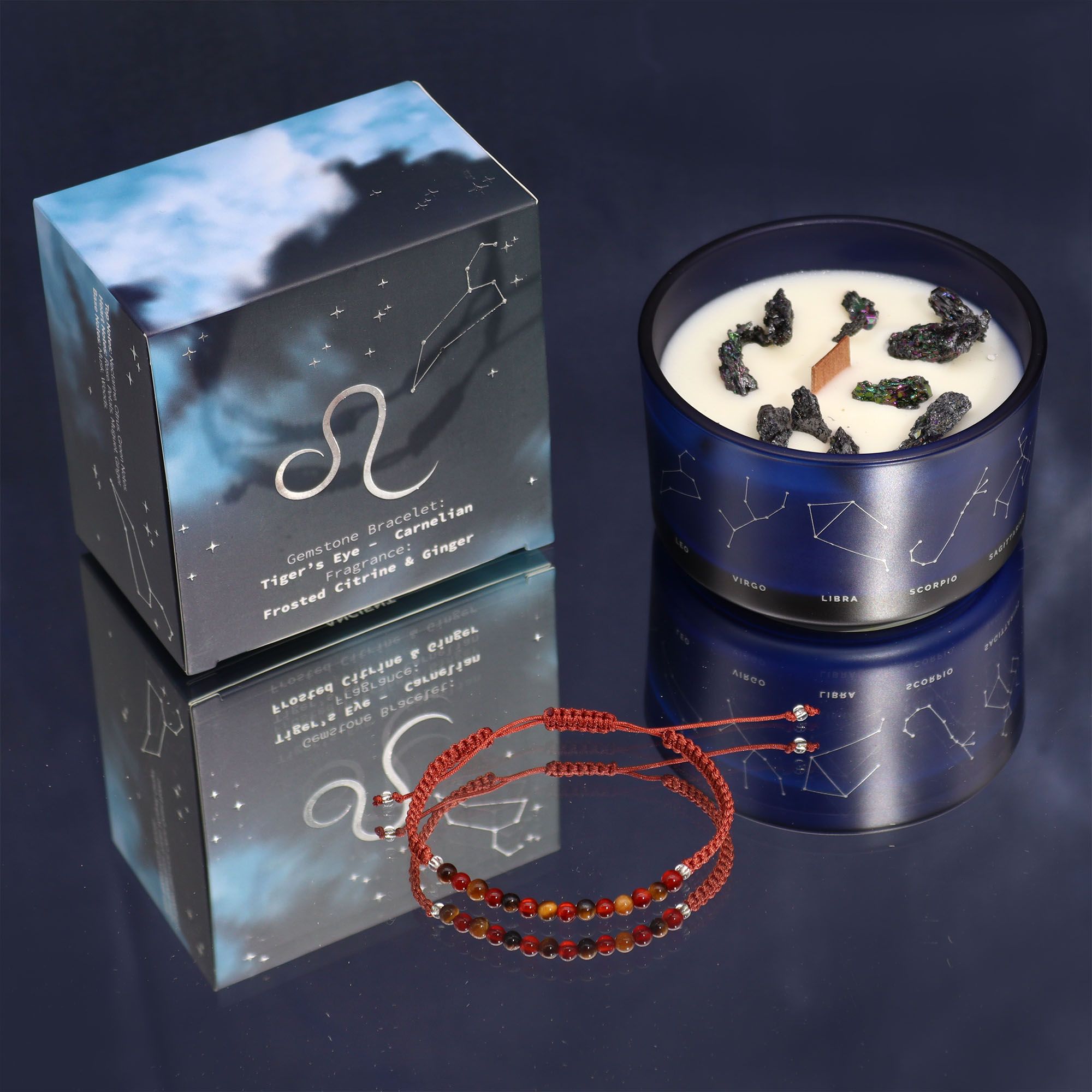 Leo Zodiac Crystal Candle with Tiger's Eye and Carnelian Gemstone Bracelet Giftset