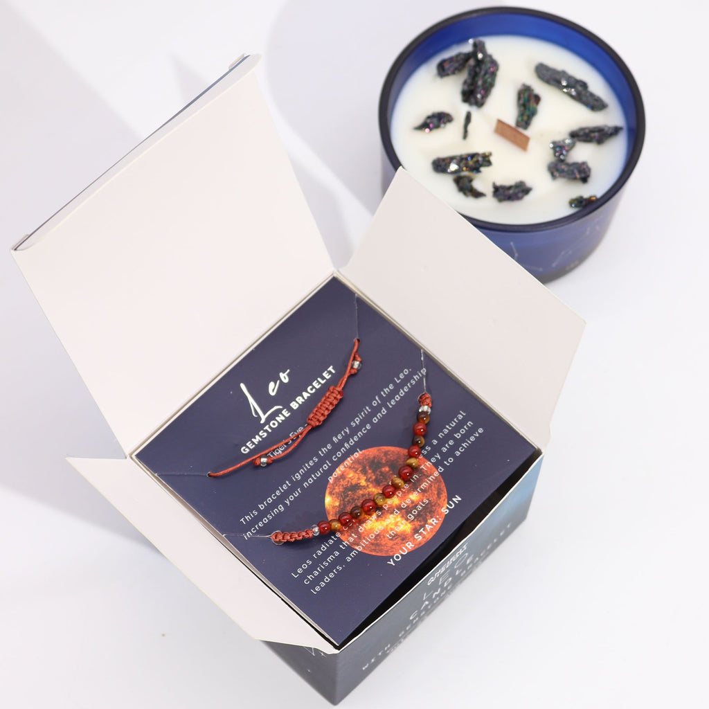 Leo Zodiac Crystal Candle with Tiger's Eye and Carnelian Gemstone Bracelet Giftset