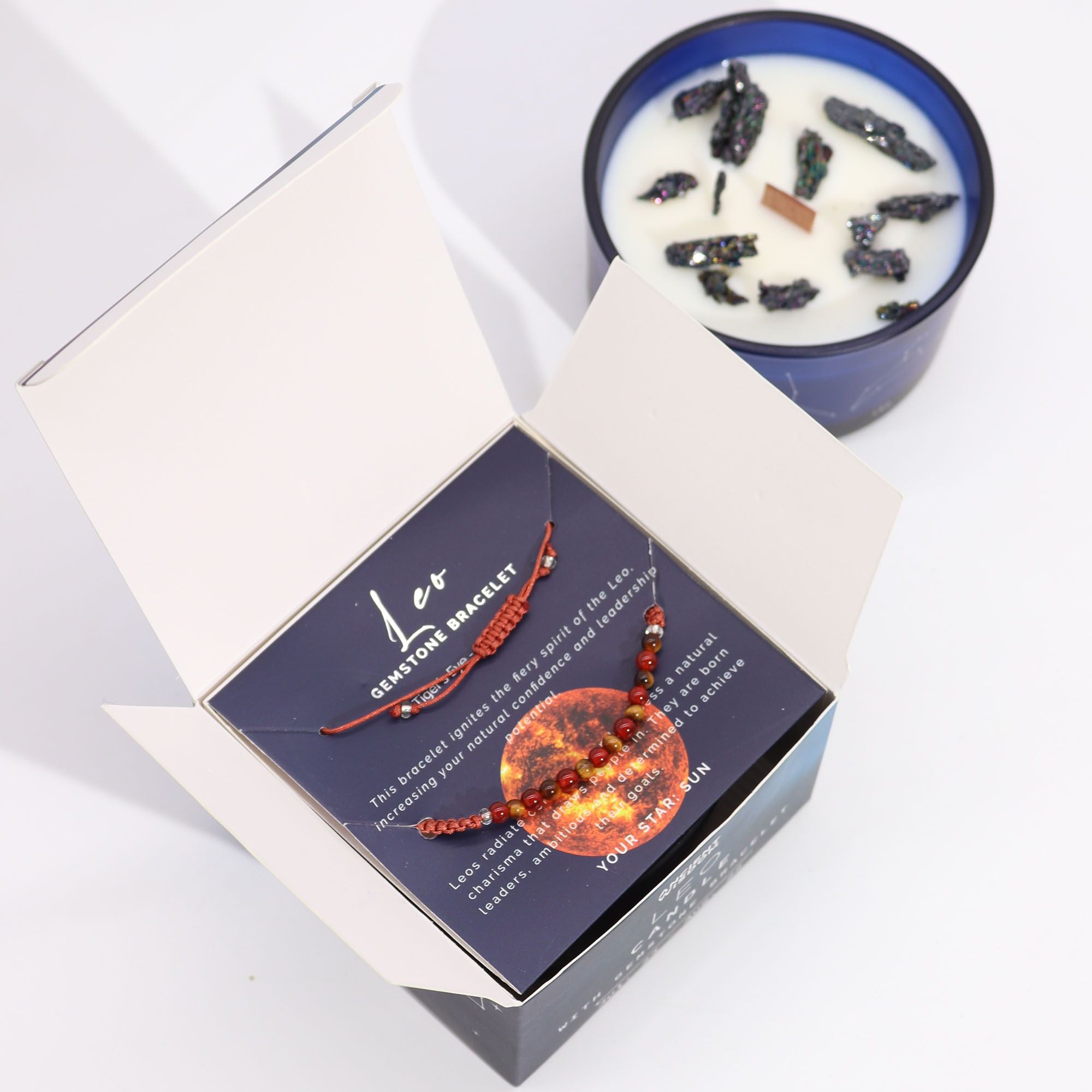 Leo Zodiac Crystal Candle with Tiger's Eye and Carnelian Gemstone Bracelet Giftset