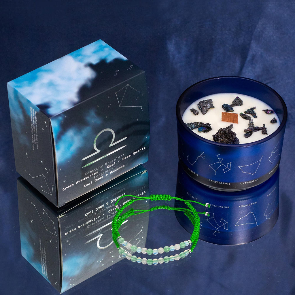 Libra Zodiac Crystal Candle with Green Aventurine, Opal, and Rose quartz Bracelet Giftset